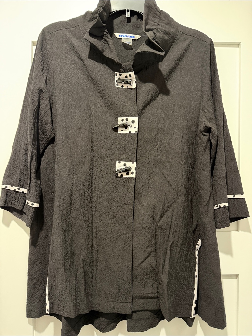 Peter Nygard Charcoal Textured Coat with Polka Dot Toggle Accents